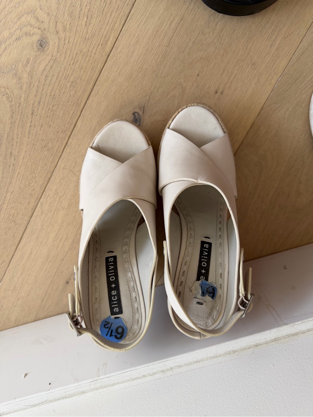 Alice + Olivia Cream Peep-Toe Crossover Wedge Sandals